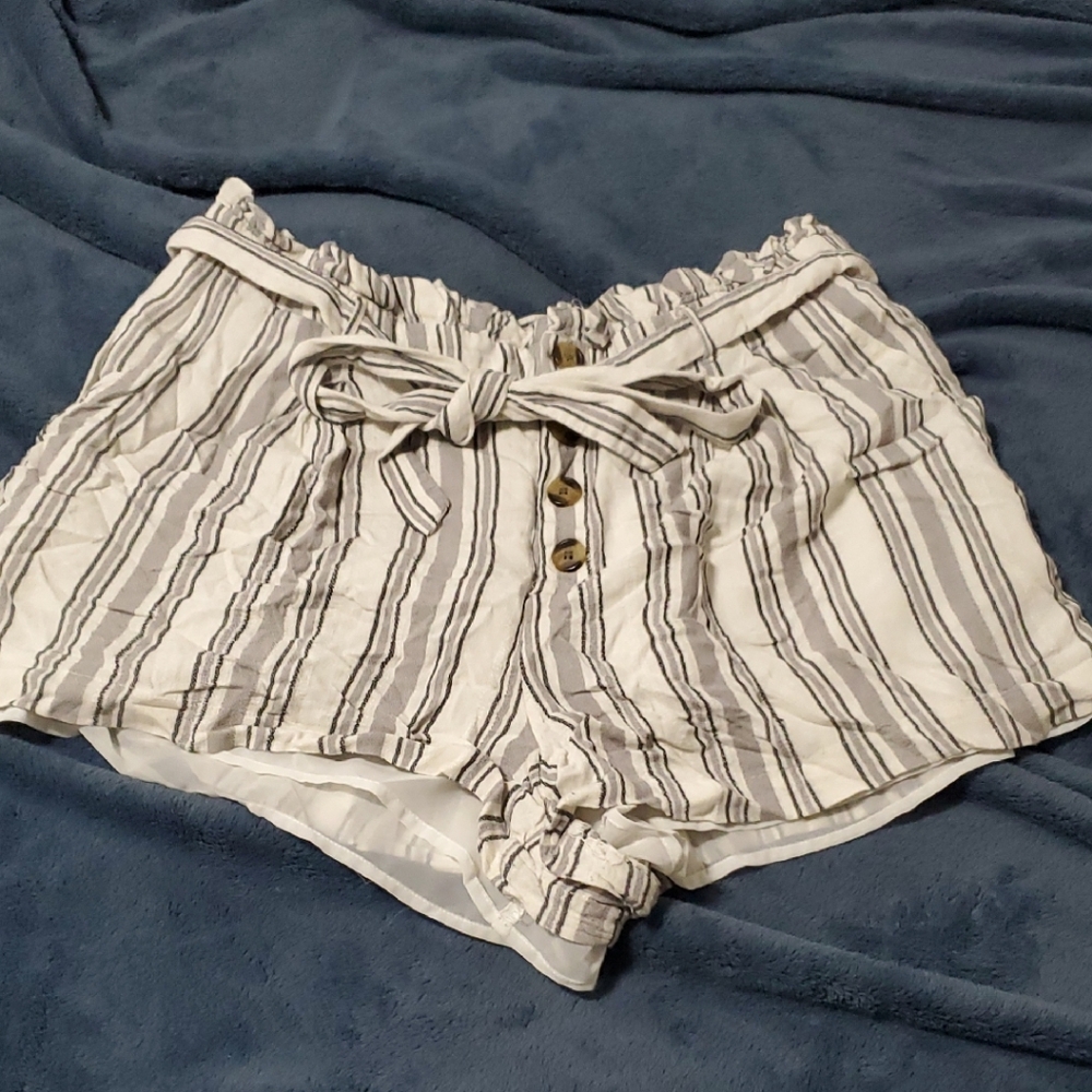 American Eagle Outfitters White and Gray Striped High Waist Shorts